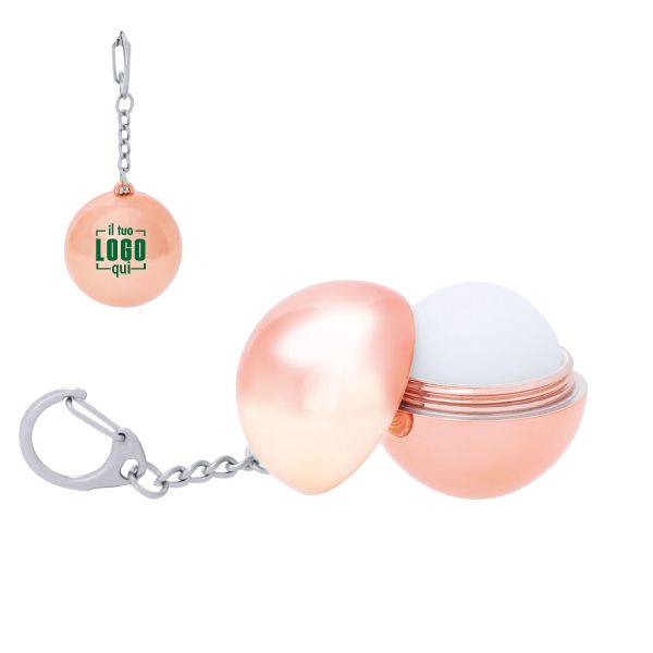 Portachiavi e Balsamo Labbra 2 in 1 alla Vaniglia con Design a Sfera Metallizzata Personalizzato Perfetto come Gadget Promozionale per Eventi